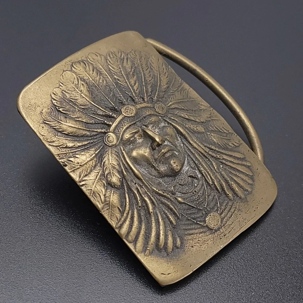 Vintage Solid Brass Native American Chief Belt Buckle Headdress Western Boho
